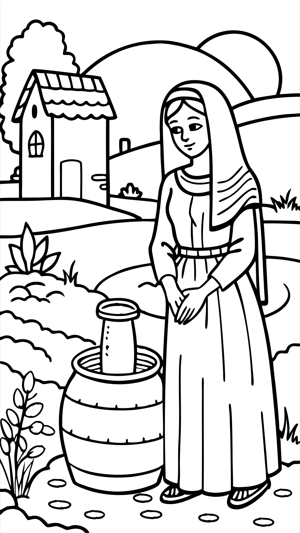 Samaritain femme à la page de coloriage de puits